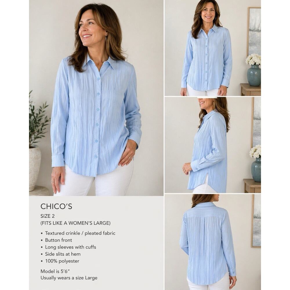 Chicos Size 2 Blue Crinkled Pleated Blouse Women’s Button Front Long Sleeve